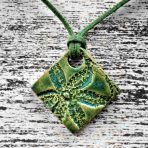 Dark Green Square Stoneware Statement Pendant with Lace Flower