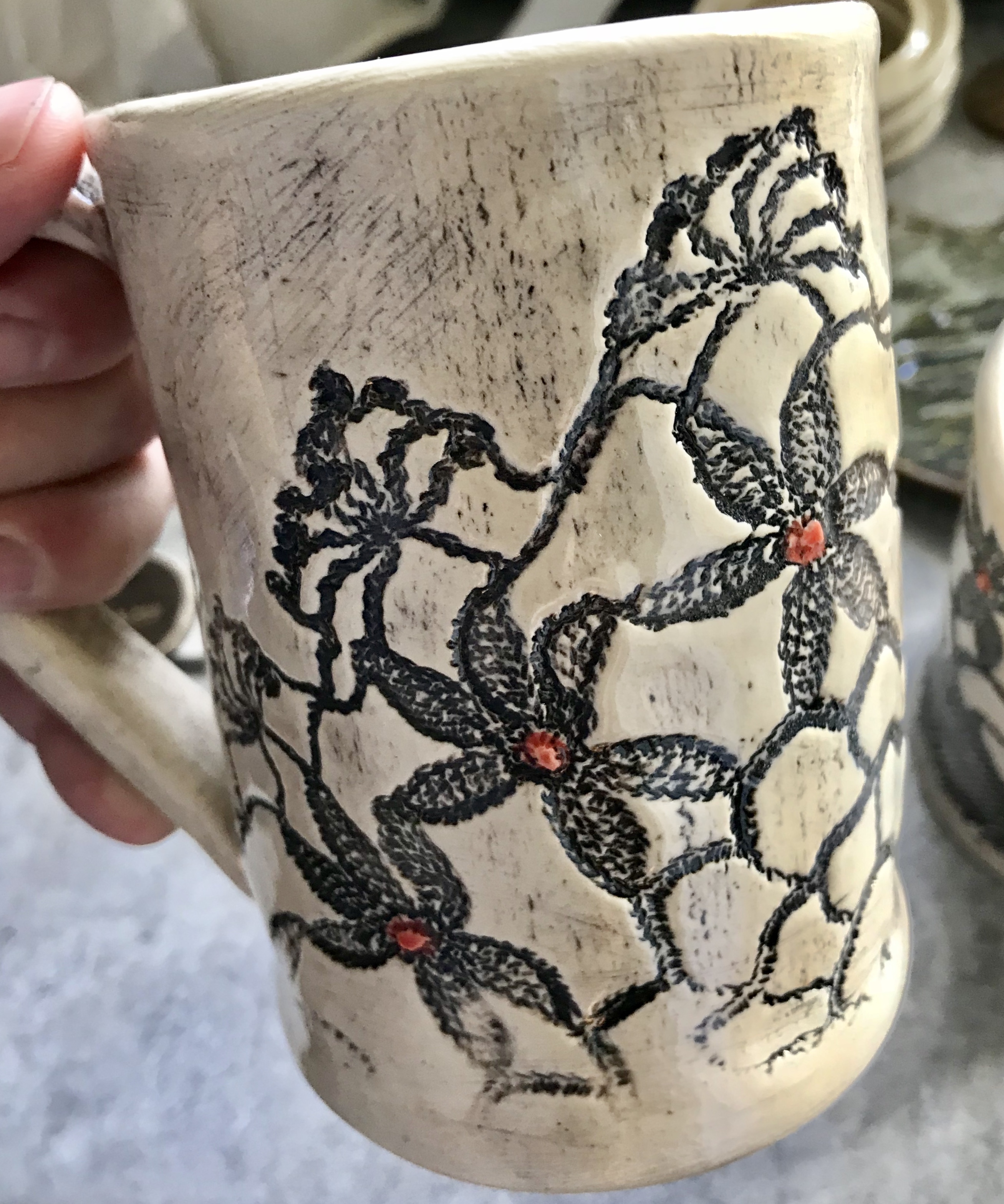 Black and White Lace Mugs, Red Accents