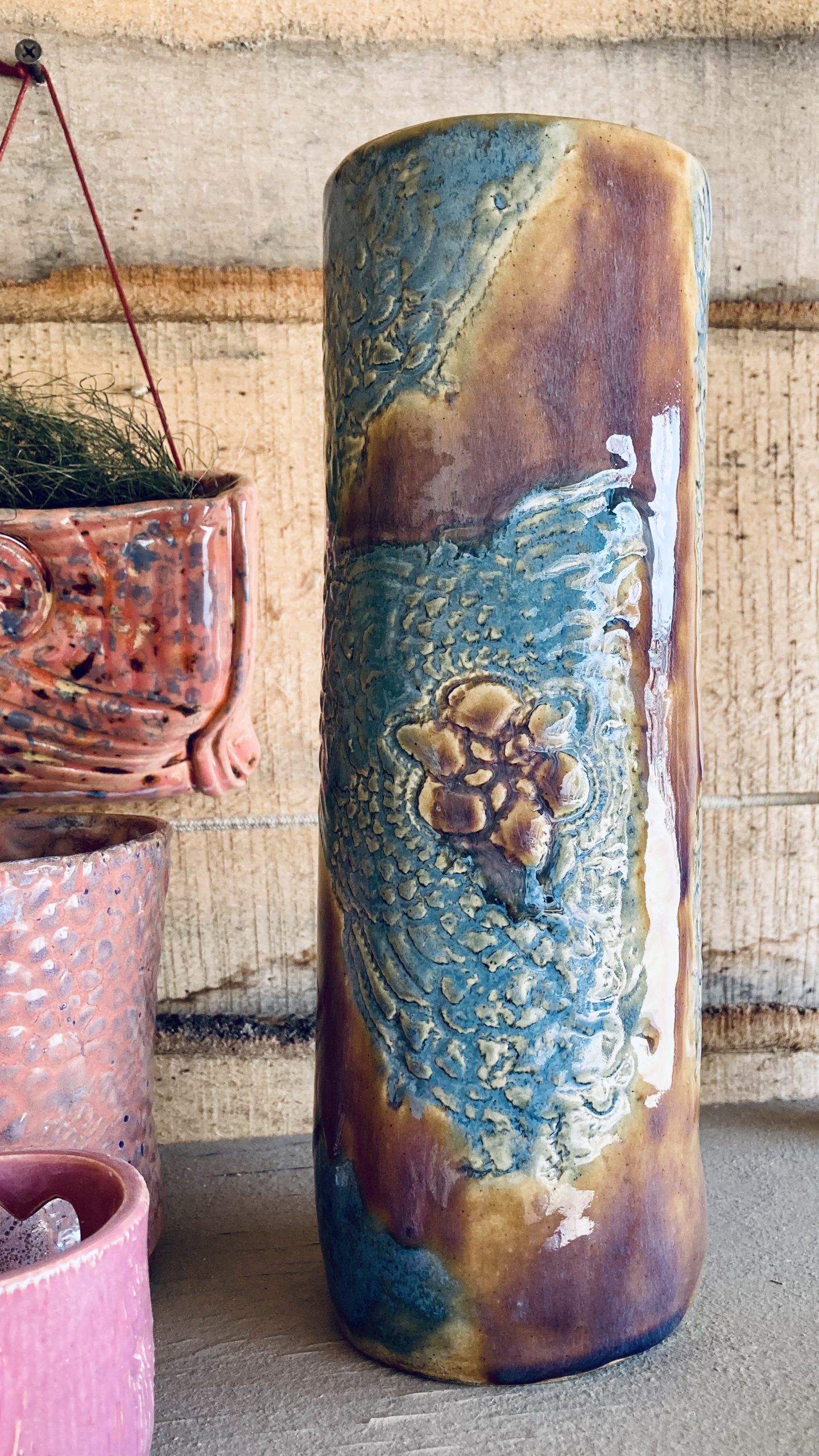 Tall Lace Vase, Brown and Blue